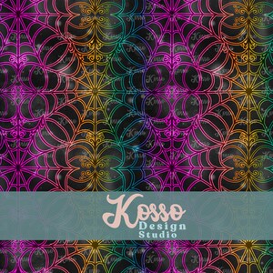 May include: A seamless pattern featuring a rainbow-coloured spiderweb design on a black background. The web is intricate and detailed, with a subtle sparkle effect. The text "Kosso Design Studio" is displayed at the bottom of the image.