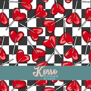 May include: A seamless pattern of red heart-shaped lollipops on a black and white checkered background. The lollipops are drawn in a cartoon style with white sticks.
