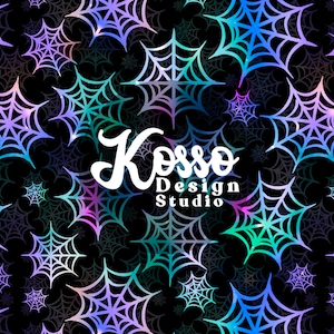 May include: A seamless pattern featuring a repeating design of iridescent blue, purple, and green spiderwebs on a black background. The text "Kosso Design Studio" is centred in the pattern.