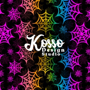 May include: A seamless pattern featuring a rainbow gradient of spiderwebs. The webs are white and outlined in a rainbow of colours, including red, orange, yellow, green, blue, indigo, and violet. The text "Kosso Design Studio" is in the centre of the pattern in white.