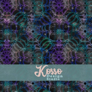 May include: A seamless pattern featuring a black background with a repeating design of a spider web with a blue, purple, and green iridescent glow. The text "Kosso Design Studio" is at the bottom of the image.