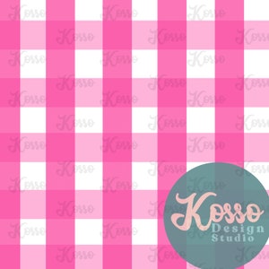 Può includere: Motivo a quadri vichy rosa e bianco con un cerchio che contiene il testo "Kosso Design Studio" in bianco.