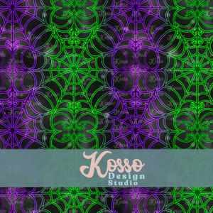 May include: A seamless pattern featuring a repeating design of green and purple spiderwebs on a black background. The webs are outlined in neon green and purple, and the background has a subtle sparkle effect. The text "Kosso Design Studio" is visible at the bottom of the image.