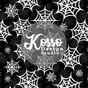 May include: Black and white seamless pattern featuring a repeating design of spiderwebs. The center of the pattern features a white circle with the text "Kosso Design Studio" in a white cursive font.