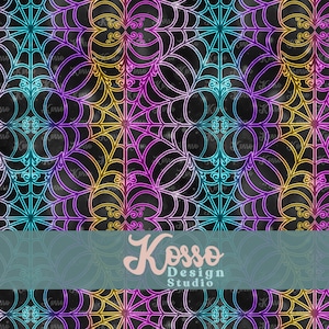May include: A seamless pattern featuring a repeating design of colourful spiderwebs on a black background. The webs are outlined in shades of blue, purple, and gold, creating a vibrant and intricate design. The background has a subtle, textured effect, adding depth to the pattern.