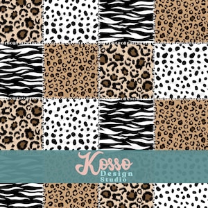 May include: A patchwork design featuring various animal prints, including leopard, zebra, and dalmatian spots. The design is framed by a blue banner with the text "Kosso Design Studio".