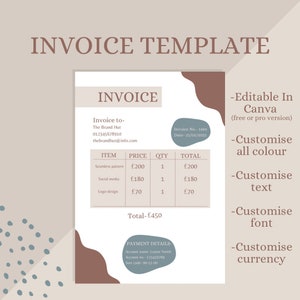 Invoice template editable in Canva - modern and professional invoice- branded template - digital download invoice - customisable business