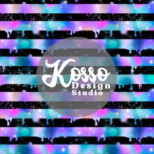 May include: A seamless pattern featuring a colorful, iridescent, galaxy-like design with dripping paint effects on black and white stripes. The text "Kosso Design Studio" is in a circle in the center of the image.