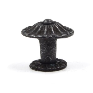 May include: A black cast iron mushroom-shaped knob with a fluted top and a round base.