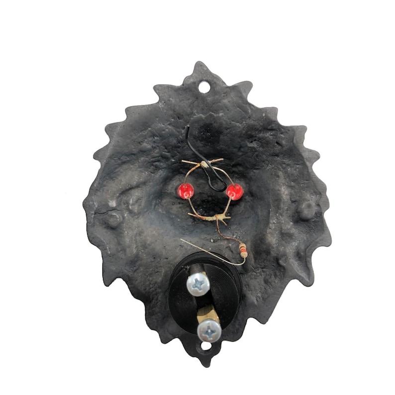 May include: Black metal door knocker shaped like a lion's head with red LED lights and wiring visible in the back.