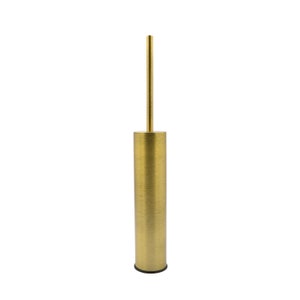 Könnte beinhalten: Eine goldfarbene Toilettenbürste mit zylindrischem Sockel und langem, dünnem Griff. Die Bürste hat ein schlichtes, modernes Design und einen schwarzen Sockel. Die metallische Oberfläche verleiht ihr ein elegantes, hochwertiges Aussehen. Die Bürste ist für den Badezimmergebrauch konzipiert.