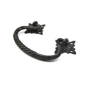 Puede incluir: Tirador de cajón de metal negro con un diseño retorcido y adornos florales ornamentados.