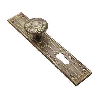 Può includere: Una maniglia per porta in stile vintage con una piastra in ottone decorata e un pomo rotondo con un design ornamentale.