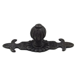Könnte beinhalten: Schwarzer Metall-Schrankknauf mit einem dekorativen Fleur-de-lis-Design und einem runden, geriffelten Knauf.