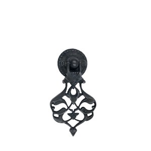 May include: Black metal cabinet pull with an ornate design. The pull has a round knob at the top and a decorative, openwork design below.