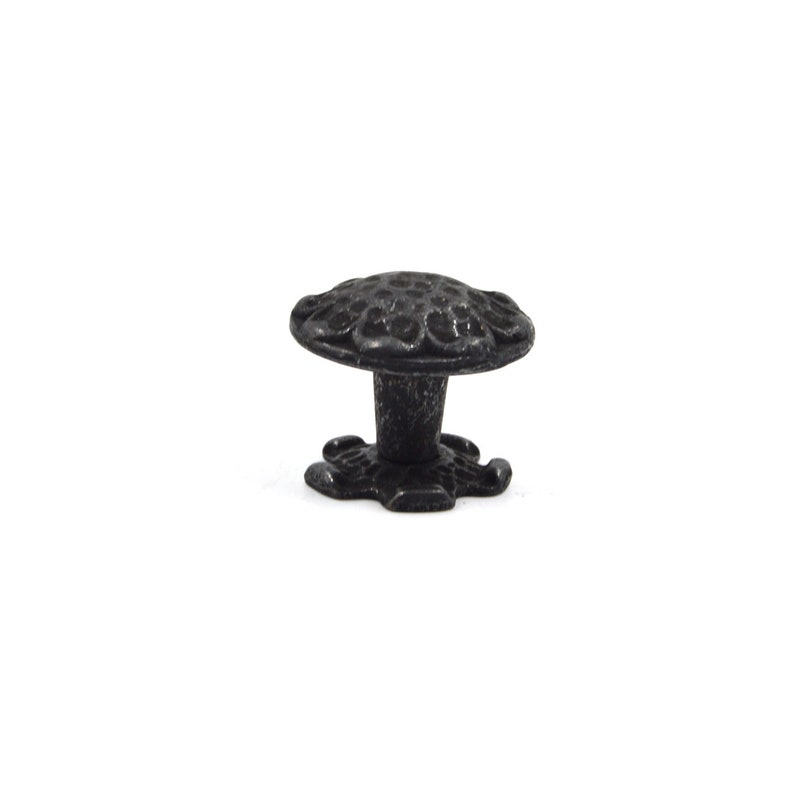 Puede incluir: Pomo de armario de hierro fundido negro con un dise&ntilde;o floral decorativo. El pomo tiene una parte superior redonda y una base en forma de estrella.