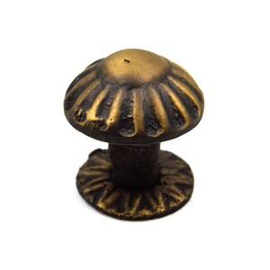 May include: A gold-toned metal cabinet knob with a fluted design. The knob has a round top and a circular base.