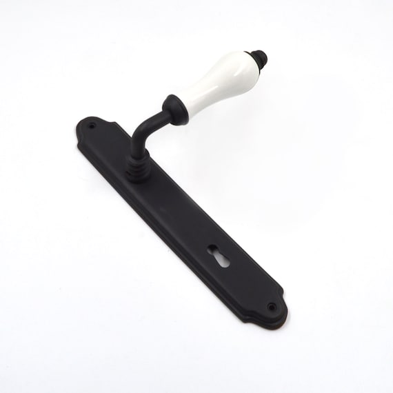 Handmade Brass Door Handle with Porcelain Lever, Antique Look, Decorative Ornament, Solid Brass, Oxide Black Coated Finish