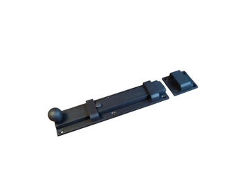 May include: Black metal door bolt with a round knob on one end and a rectangular plate on the other end.