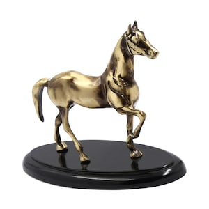 Solid Brass Walking Horse Statue – Antique Bronze Coated, 2.2 lbs Figurine with Wooden Base, Equestrian Art Decor for Horse Lovers & Riders