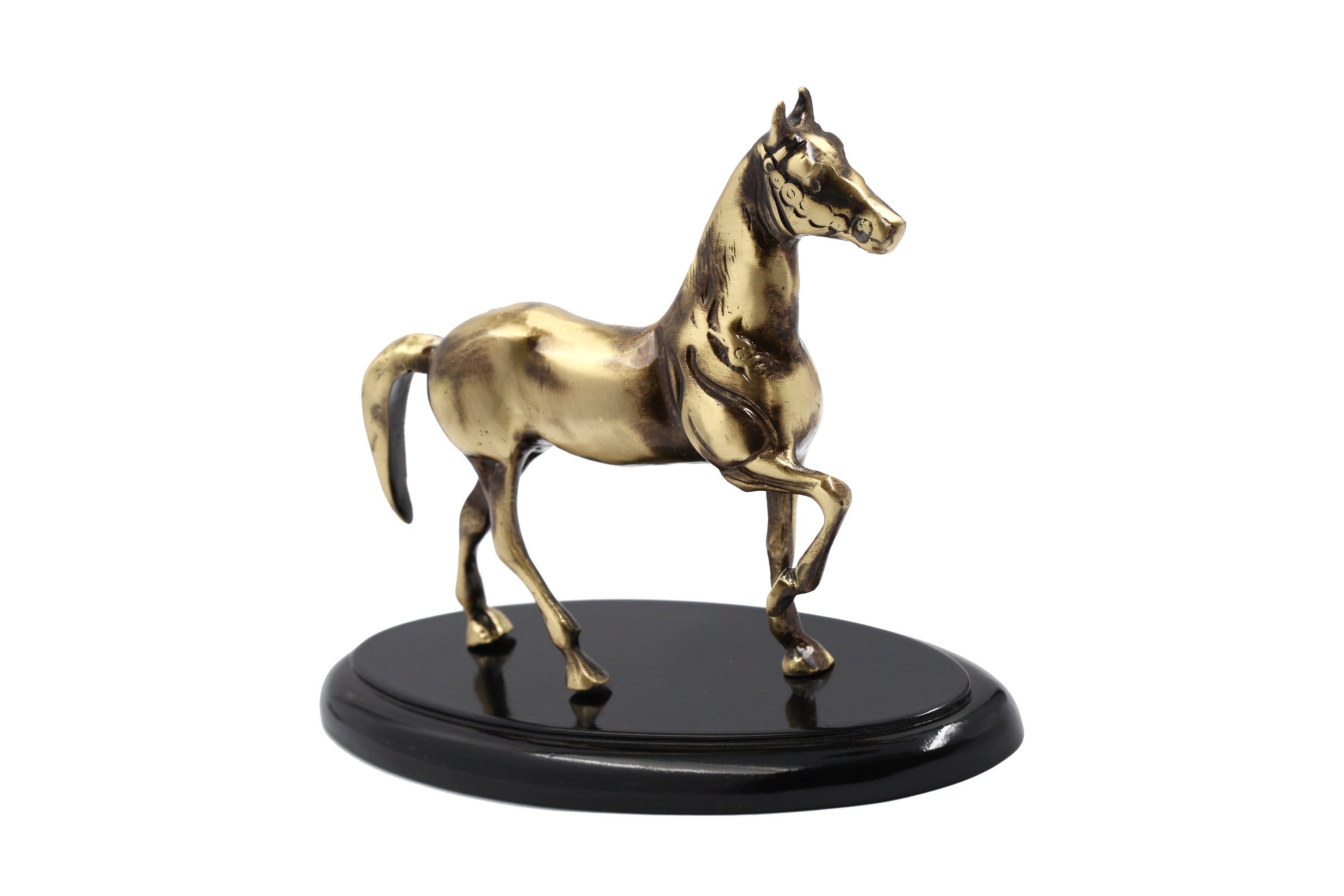 Solid Brass Walking Horse Statue - Antique Bronze Coated, 2.2 lbs Figurine With Wooden Base, Equestrian Art Decor For Lovers & Riders