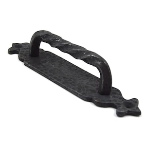 Handmade Rustic Brass Door Pull Handle Spiral Fleur-De-Lys Plate, Oxide Black Coated, 100% Solid Brass, Antique Look Decorative Ornament