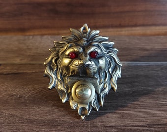Löwenkopf Druckknopf Türklingelknopf - massives Messing mit roten LED-Augen, antik aussehende handgemachte Türklingel, antike Bronze beschichtet