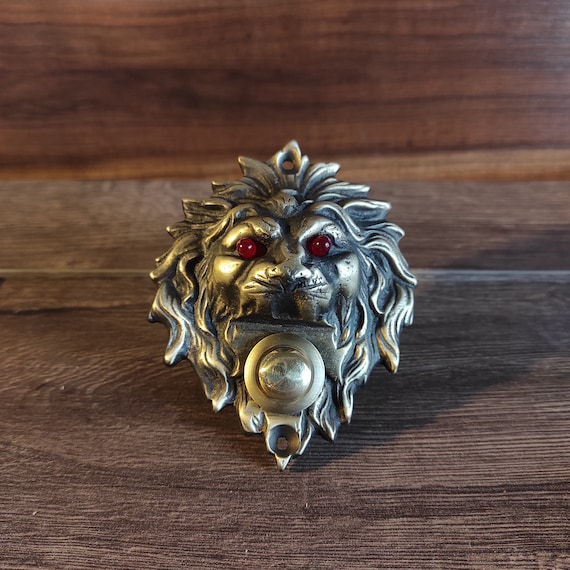 Lion Head Push Button Door Bell Button - Solid Brass with Red LED Eyes, Antique-Looking Handmade Door Buzzer Button, Antique Bronze Coated