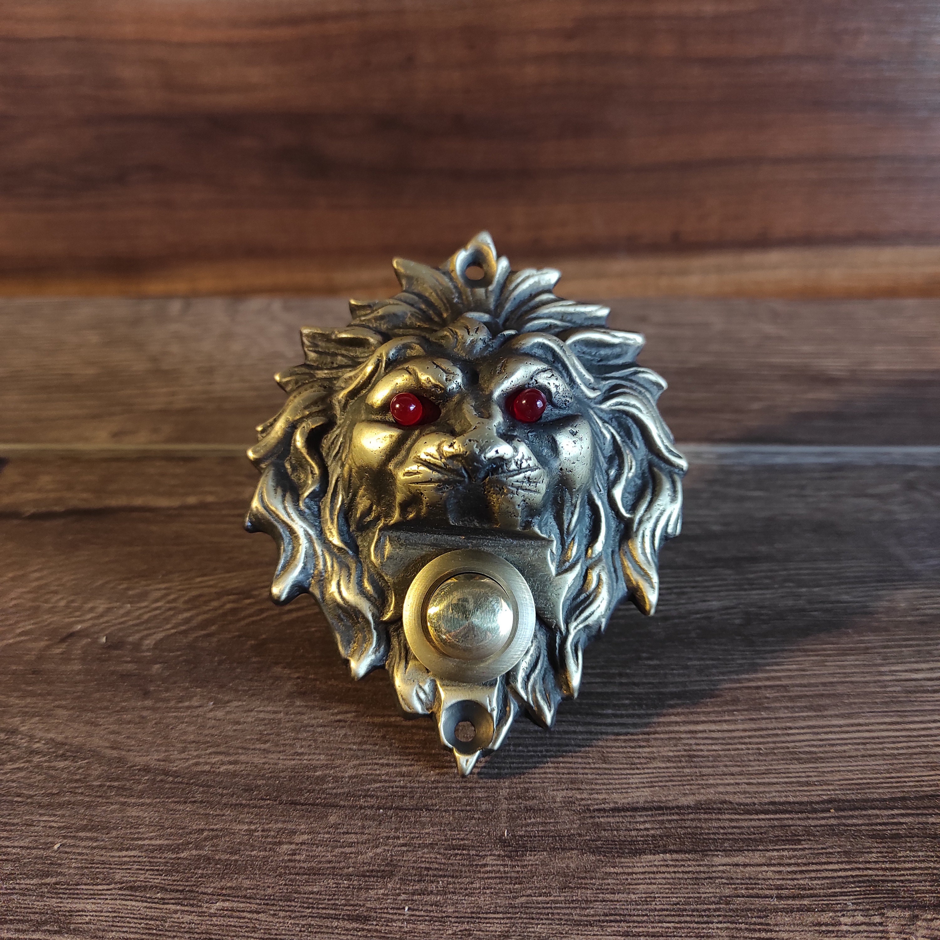 Lion Head Push Button Door Bell - Solid Brass With Red Led Eyes, Antique-Looking Handmade Buzzer Button, Antique Bronze Coated