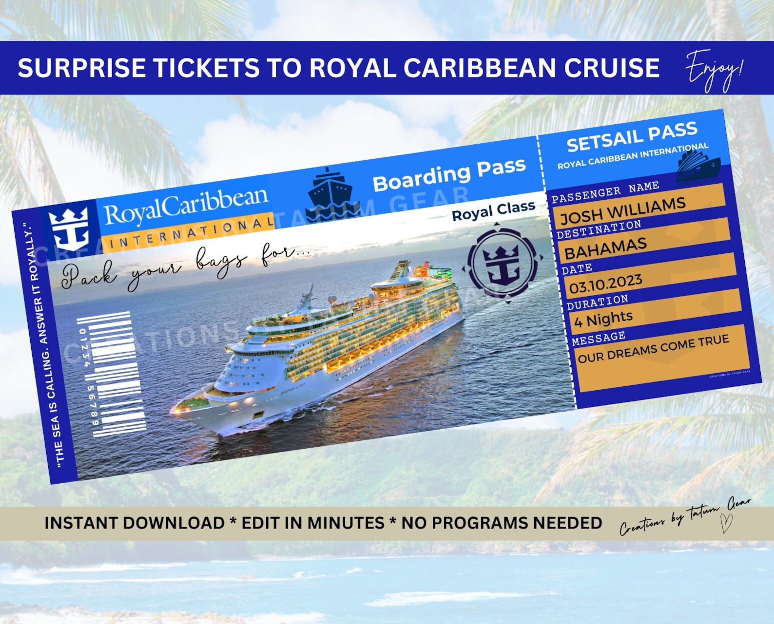 Royal Caribbean Cruise Printable Tickets Boarding Pass Etsy