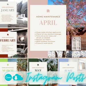 May include: A graphic with a light pink background and six white boxes with rounded corners. Each box has a title that says "Home Maintenance" followed by a month of the year. Each box has a list of home maintenance tasks to do during that month. The graphic also includes the text "Instagram Posts" in blue and white.
