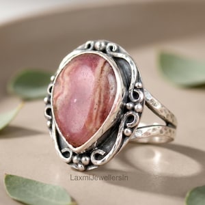Rhodochrosite Ring 925 Sterling Silver, Pink Gemstone Ring, Handmade Boho Statement Ring, Vintage Style Jewelry Gift for Women