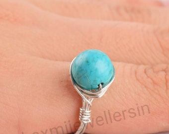 Wire wrapping Turquoise ring In 925 Sterling Silver, Handmade Jewelry, Wire Ring, Minimalist, Gemstone, Birthstone Gift, Women Ring, Artisan