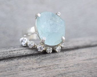 Raw Aquamarine And Zircon Ring in 925 Sterling Silver, Silver Ring, Dainty Ring, Artisan Ring, Sterling Ring, Silver Ring Uncut Stone Ring