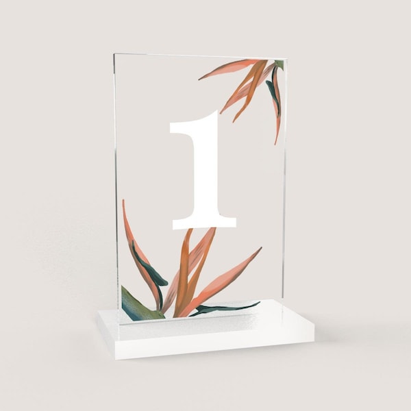 Acrylic Table Number | Birds of Paradise | Tropical Wedding | Boho Wedding | Clear Acrylic | Minimal