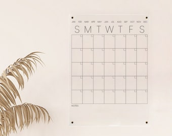 Monthly Wall Calendar with Blank Notes | Clear Acrylic | Wet-Erase Calendar | Minimalist Style | Housewarming Gift | Office Decor