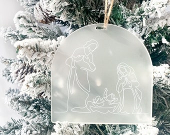 Personalized Frosted Acrylic Christmas Ornament | Nativity Scene | 2022 | Single Line Art | Christmas Gift | Custom Ornament | Arch