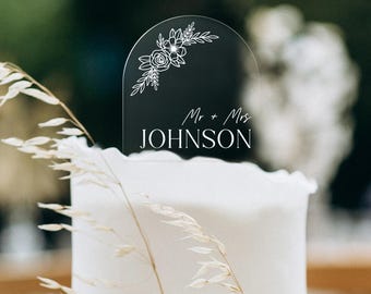 Personalized Botanical Arch Wedding Cake Topper, Floral Acrylic Custom Name Decoration with Customizable Fonts