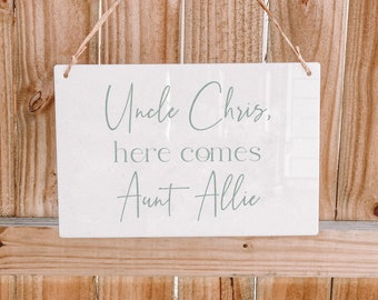 Personalized Acrylic "Here Comes the Bride" Hanging Sign | Bride Entry Sign | 12"W x 8"H | Font & Color Options | Flower Girl | Ring Bearer