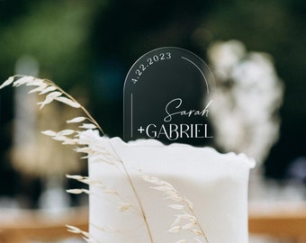 Elegant Personalized Clear Acrylic Arch Wedding Cake Topper, Modern Design w/ Customizable Fonts | 4 1/2”H x 4”W - 5 1/2"H w/ Cake Picks