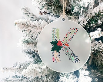 Personalized Frosted Acrylic Christmas Ornament | Floral Letter | Christmas Gift | Initial Ornament | Circle