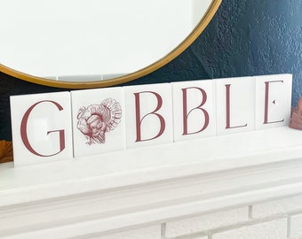 Acrylic Thanksgiving "GOBBLE" Block Letters Sign with Turkey | Fireplace Mantle Decor | Separate Letters | Thanksgiving Home Decor