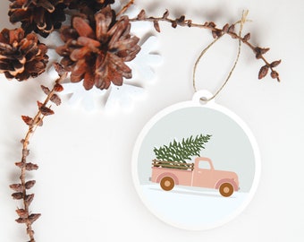 Christmas Ornament with Christmas Tree in Truck | Pink Ornament | White Christmas | Christmas | Boho | Minimal | Christmas Tree Decor