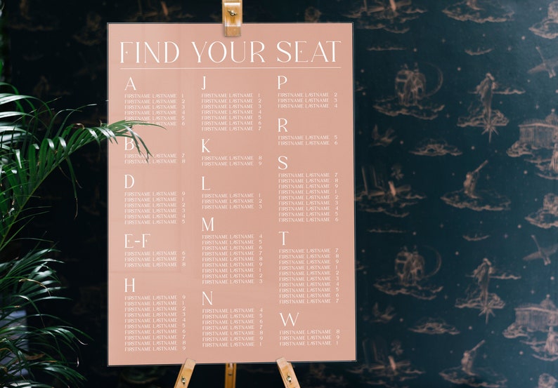 May include: A light pink seating chart with the text "FIND YOUR SEAT" at the top. The chart is divided into columns labeled with letters from A to W. Each column lists names with a first name and last name.