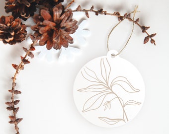 Willow Leaf Christmas Ornament | Circle Ornament | White Acrylic | Plants | Aesthetic | Boho Ornament | Stylish | Decorative Ornament