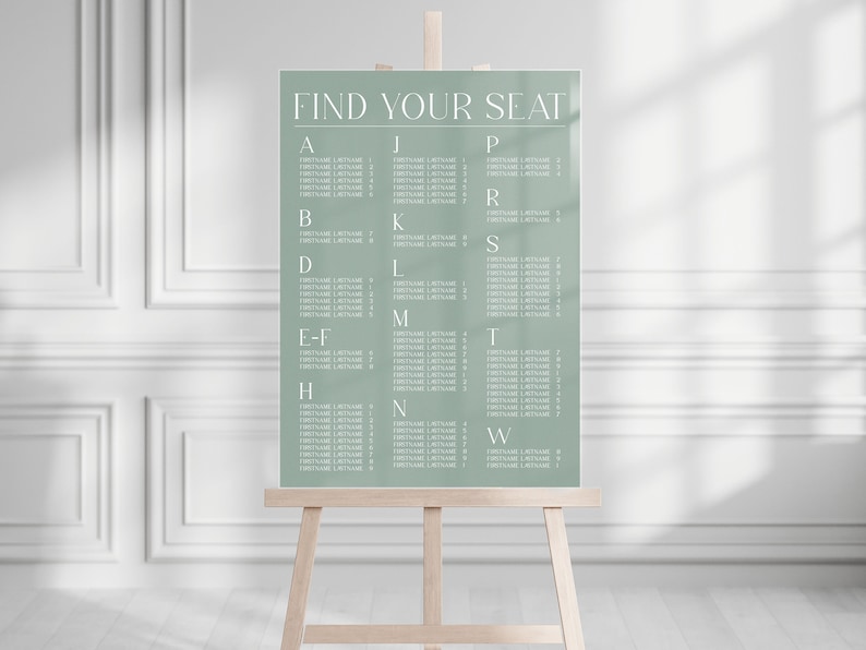 May include: A sage green wedding seating chart with the text "FIND YOUR SEAT" at the top. The chart lists alphabetical table names with corresponding guest names.