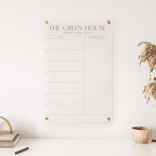 The Green House Weekly Meal Planner | Clear Acrylic | Family Menu | Weekly Menu | Dry-Erase | Weekly Shopping List | Kitchen Menu