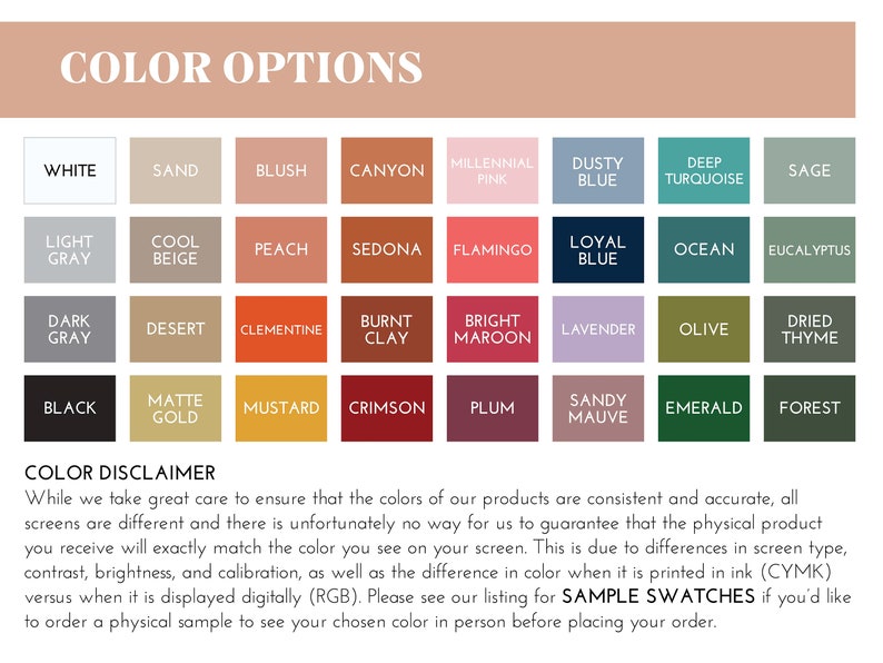 May include: Color chart with 48 color swatches, including white, black, gray, beige, peach, red, maroon, blue, green, and brown. The chart is labeled "Color Options" and includes a disclaimer about color accuracy.
