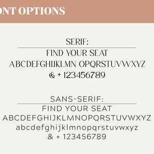 May include: A graphic showing two font options: Serif and Sans-Serif. Both fonts display the text "FIND YOUR SEAT" followed by the alphabet and numbers. The Serif font is a traditional font with serifs, while the Sans-Serif font is a modern font without serifs.