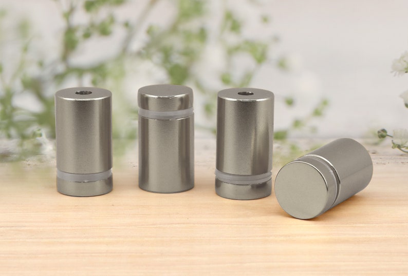 May include: Four silver metal standoffs with clear plastic inserts. The standoffs are cylindrical in shape and have a smooth, polished finish.